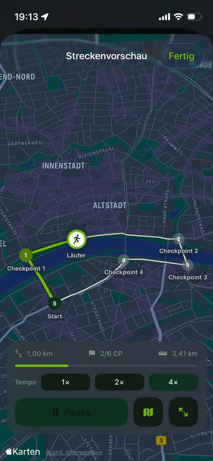 Terulo App: aktiver Loop mit Checkpoints und Fortschritt auf der Karte