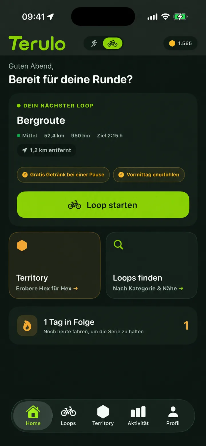 Terulo App: Home im Fahrradmodus mit nächstem Loop „Bergroute“ und Loop-starten-Button