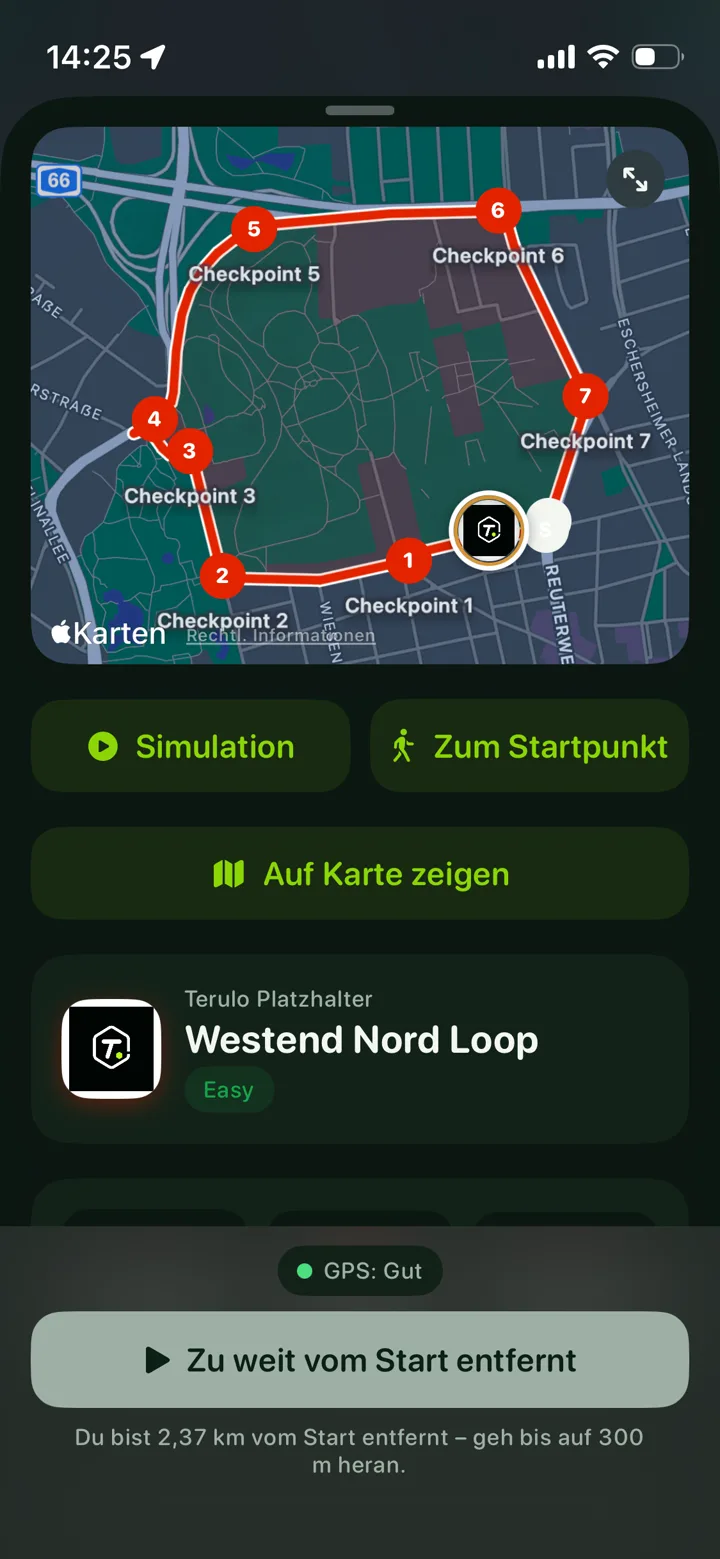 Terulo App im Loop-Modus: Streckendetail mit Route und Checkpoints