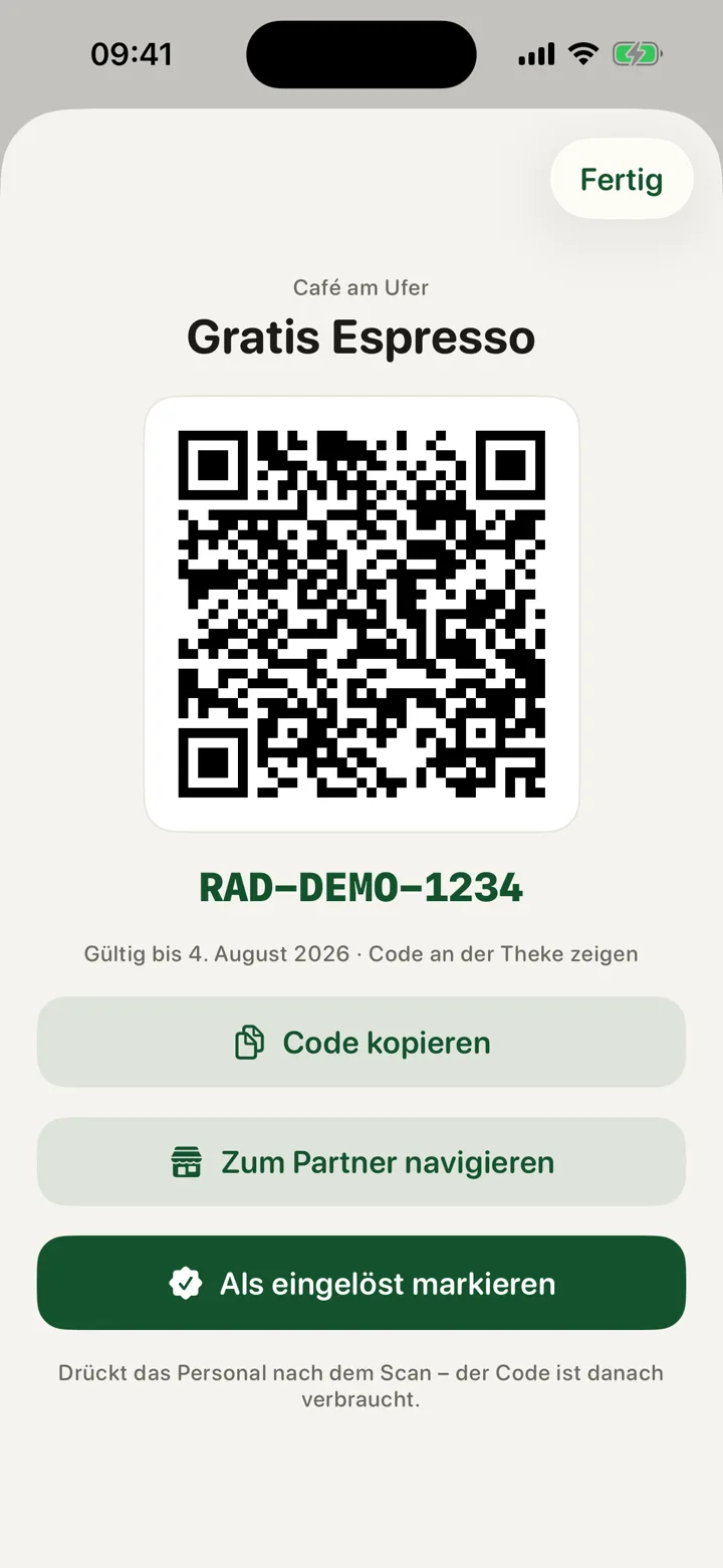 Terulo App: Reward mit persönlichem QR-Code zum Einlösen beim Partner