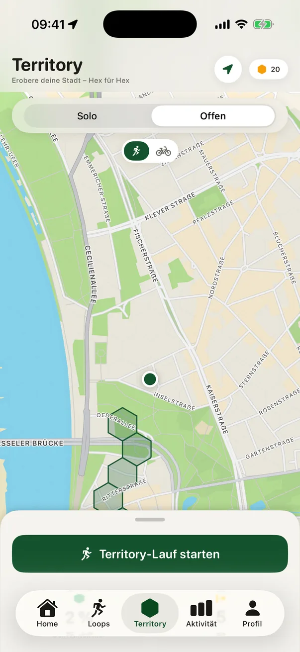 Terulo App im Territory-Modus: Stadtkarte mit eroberten Hexagons